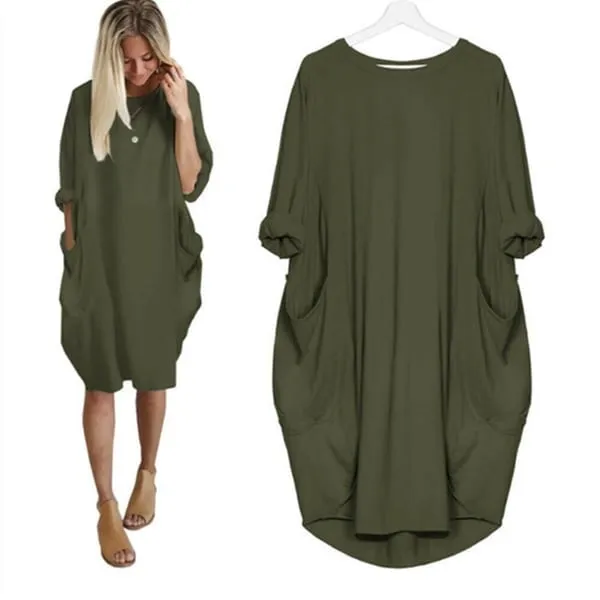 Hot sale Women Casual Loose Pocket Long Sleeves DressFREE SHIPPING