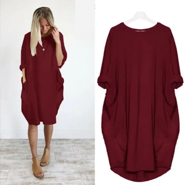 Hot sale Women Casual Loose Pocket Long Sleeves DressFREE SHIPPING