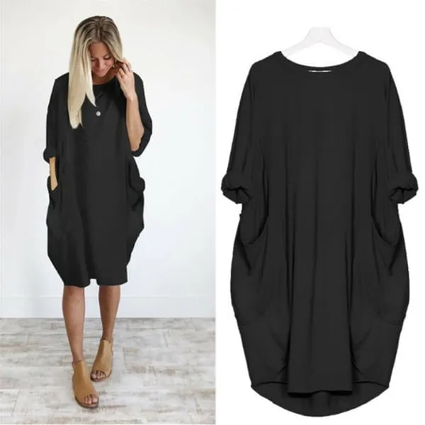 Hot sale Women Casual Loose Pocket Long Sleeves DressFREE SHIPPING