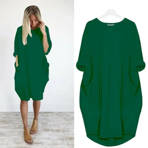 Hot sale Women Casual Loose Pocket Long Sleeves DressFREE SHIPPING