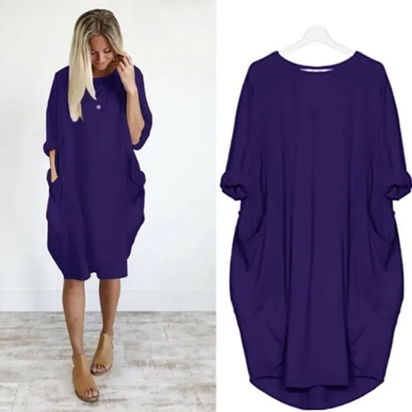 Hot sale Women Casual Loose Pocket Long Sleeves DressFREE SHIPPING