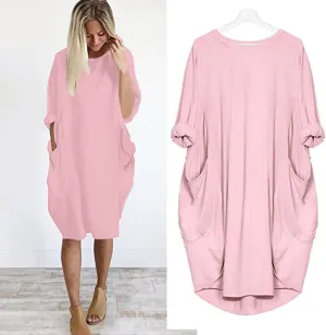Hot sale Women Casual Loose Pocket Long Sleeves DressFREE SHIPPING