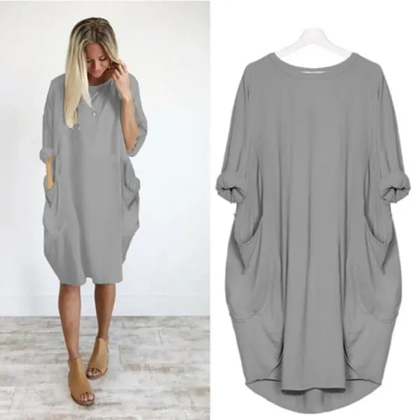 Hot sale Women Casual Loose Pocket Long Sleeves DressFREE SHIPPING