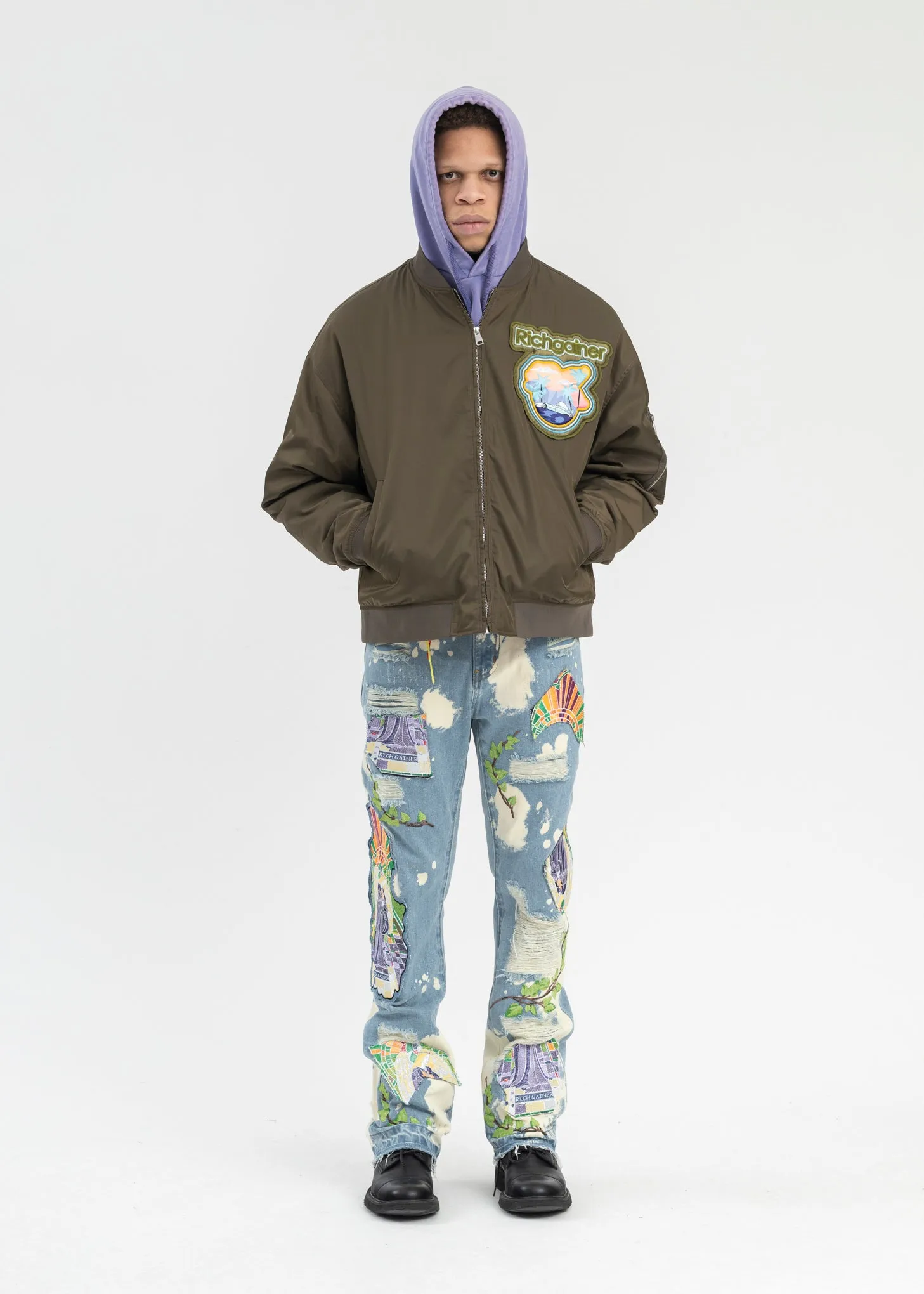 KHAKI EMBROIDERY PATCHWORK  BOMBER JACKET
