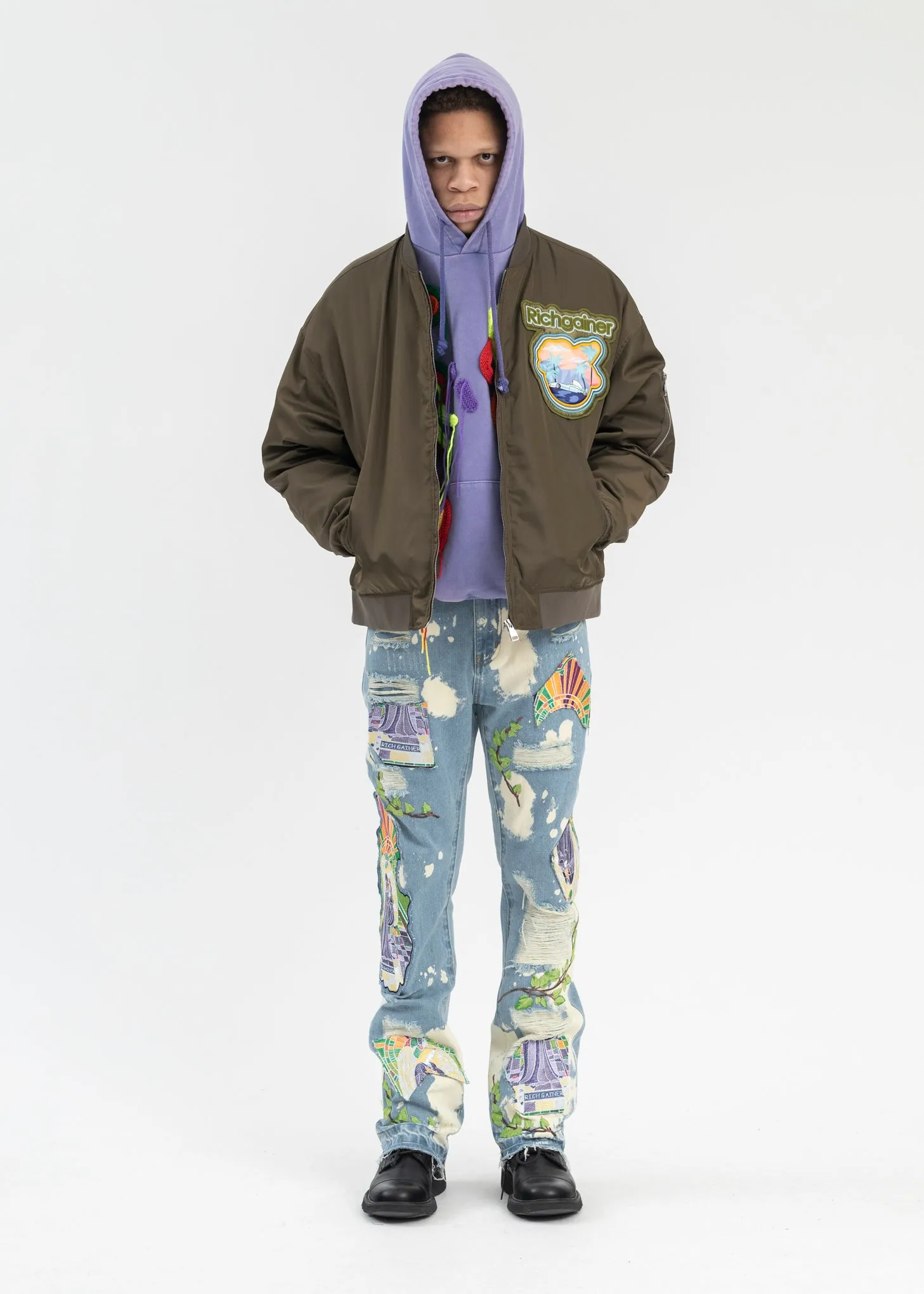 KHAKI EMBROIDERY PATCHWORK  BOMBER JACKET