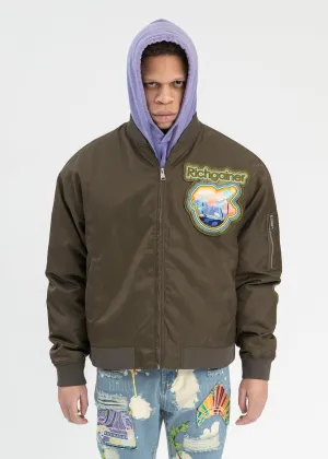 KHAKI EMBROIDERY PATCHWORK  BOMBER JACKET