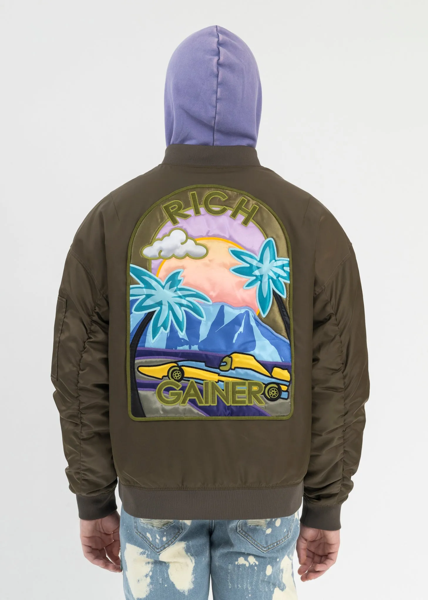 KHAKI EMBROIDERY PATCHWORK  BOMBER JACKET