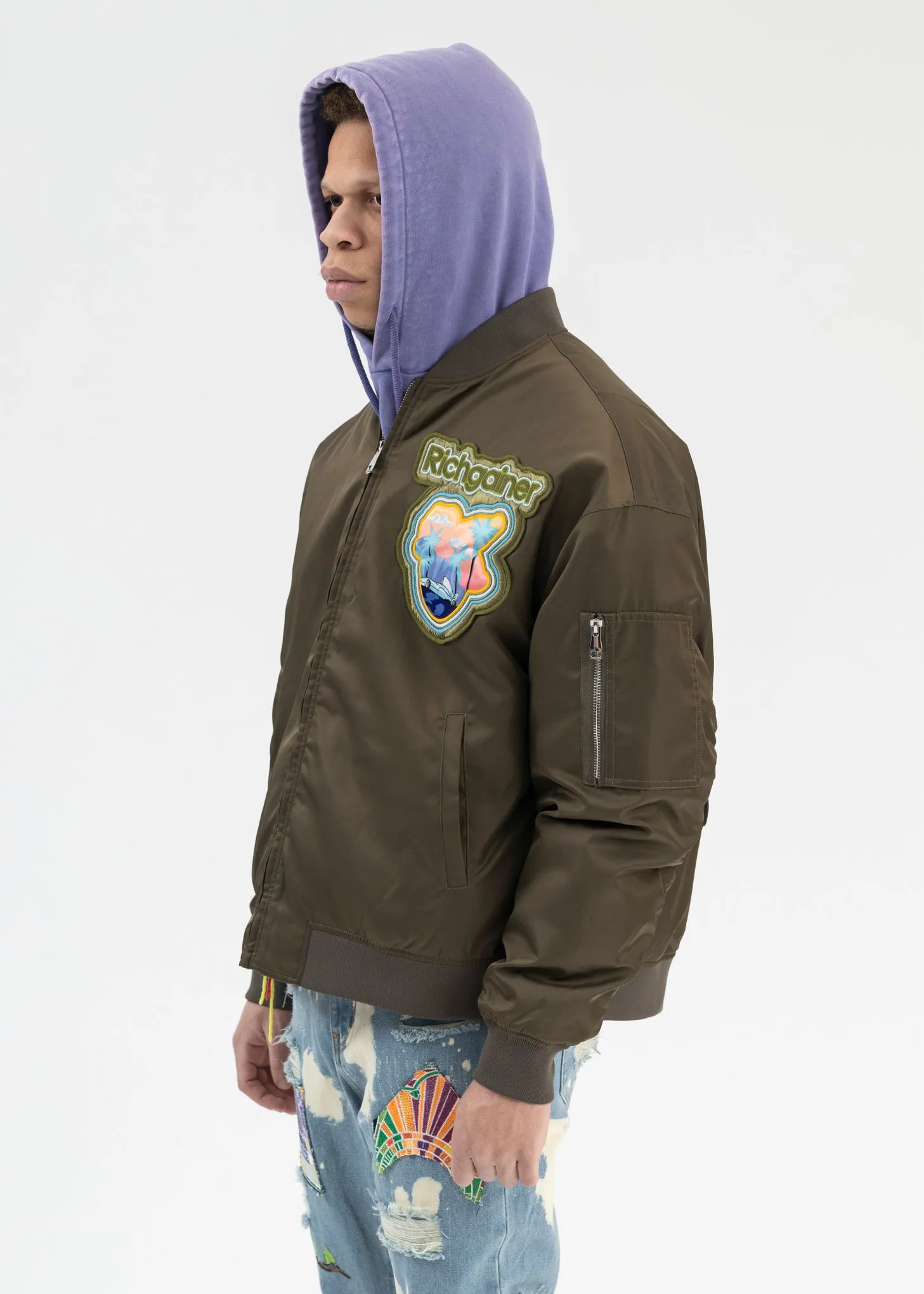 KHAKI EMBROIDERY PATCHWORK  BOMBER JACKET