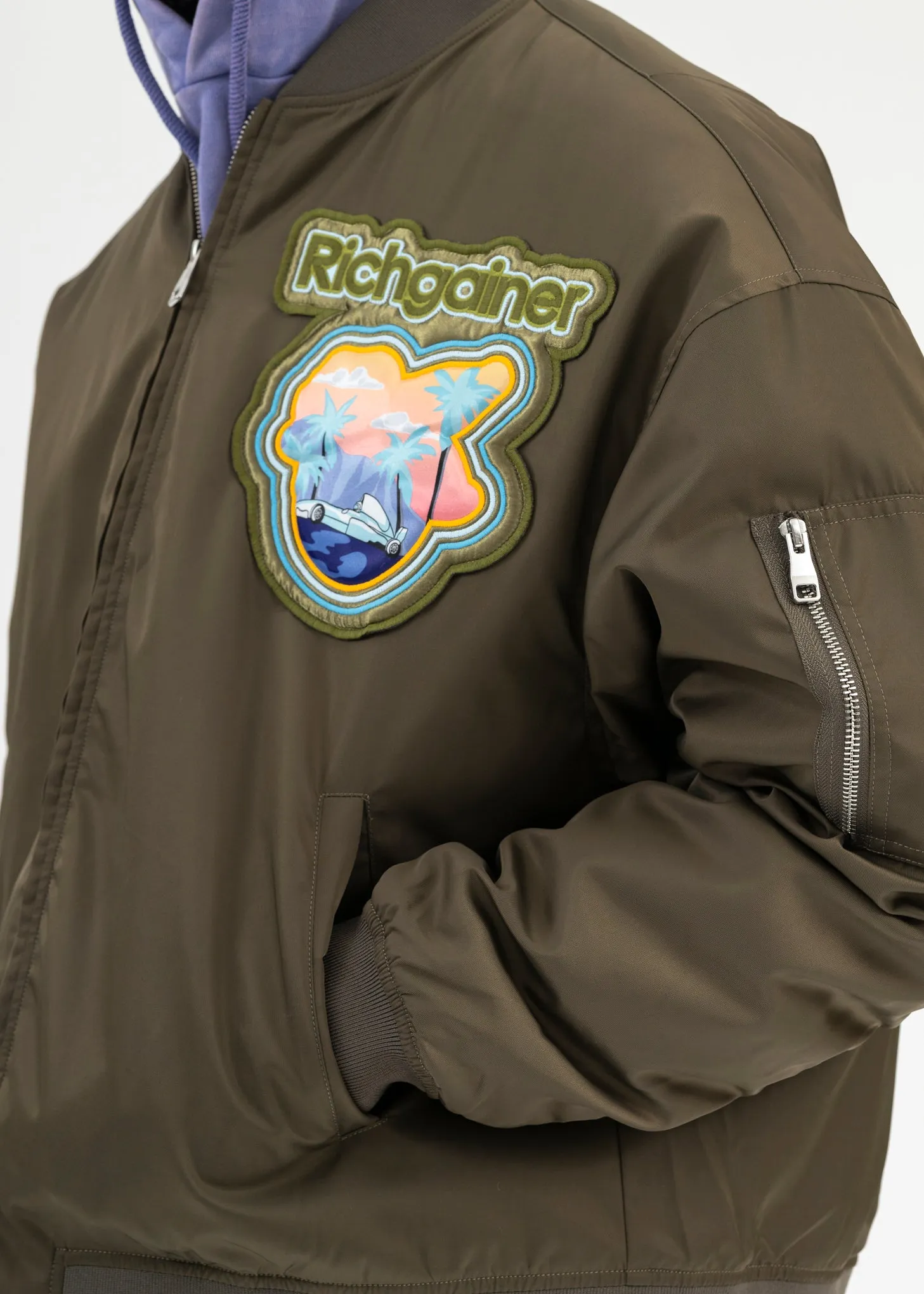 KHAKI EMBROIDERY PATCHWORK  BOMBER JACKET