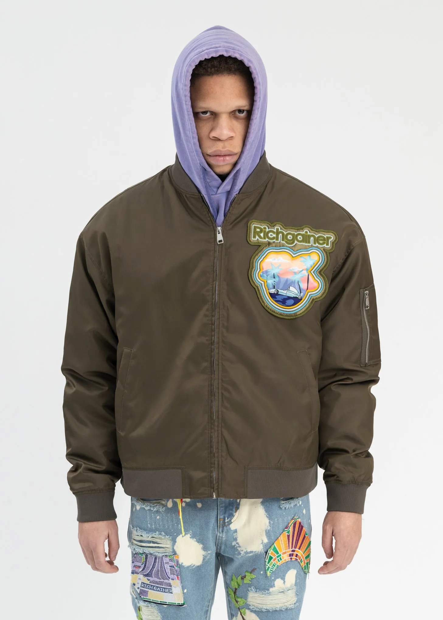 KHAKI EMBROIDERY PATCHWORK  BOMBER JACKET