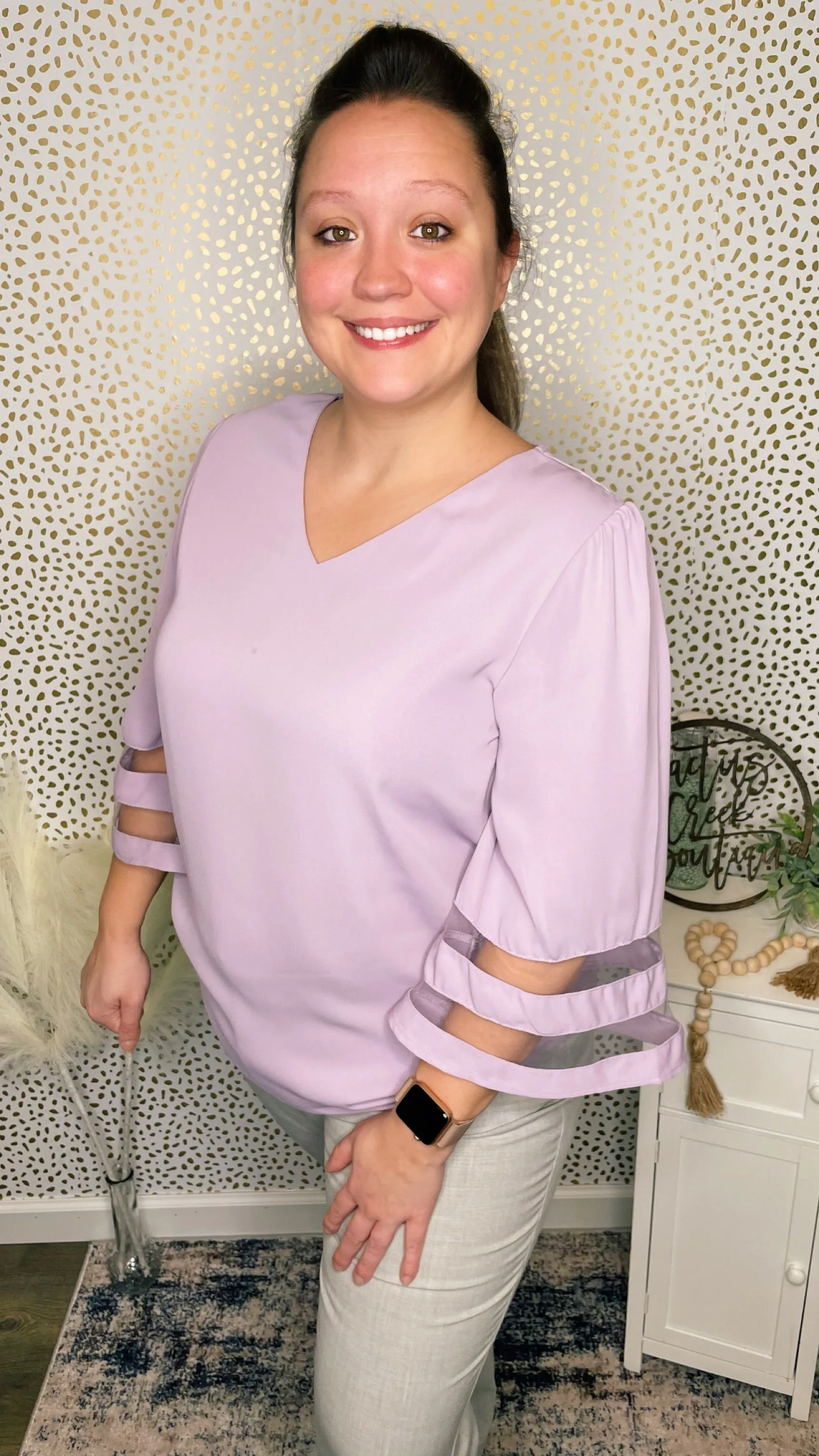 Lavender Mesh Panel 3/4 Sleeve Blouse