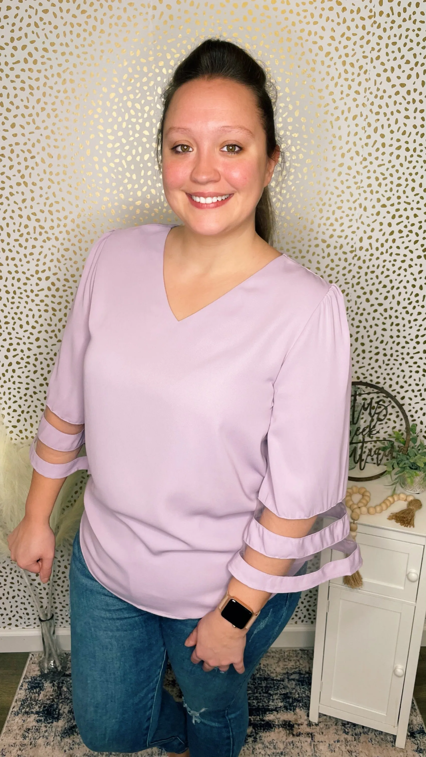 Lavender Mesh Panel 3/4 Sleeve Blouse