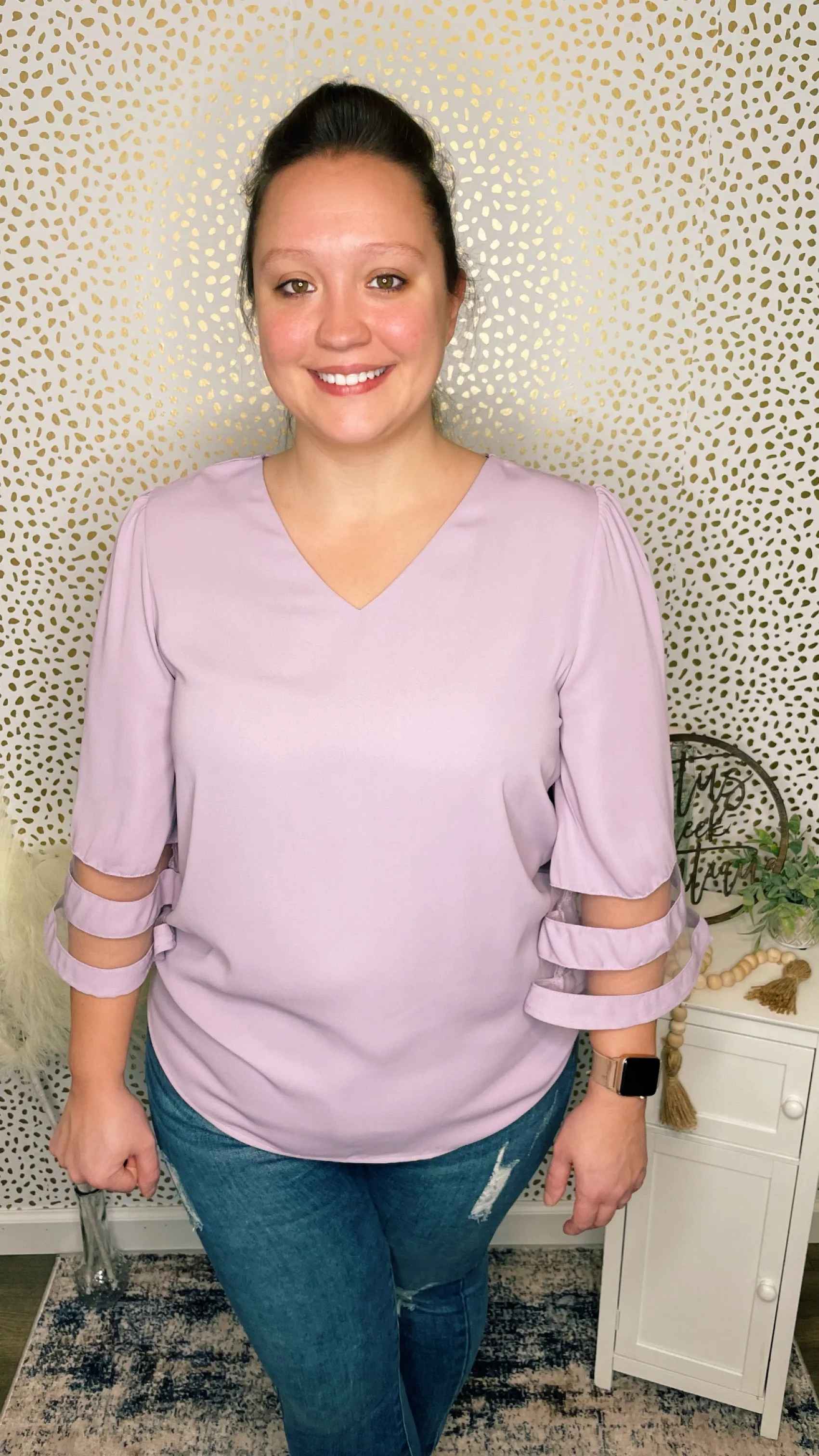 Lavender Mesh Panel 3/4 Sleeve Blouse