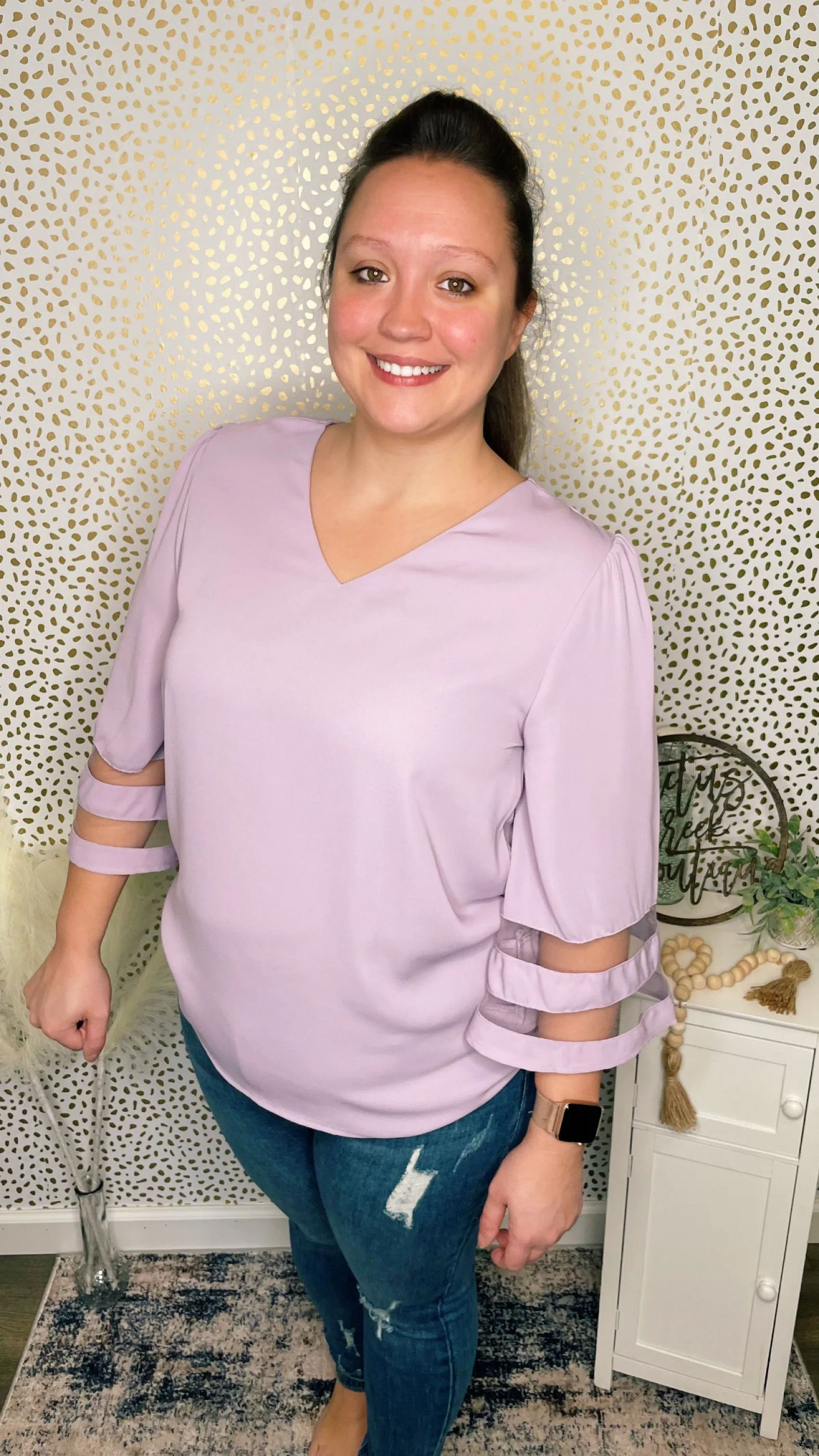 Lavender Mesh Panel 3/4 Sleeve Blouse