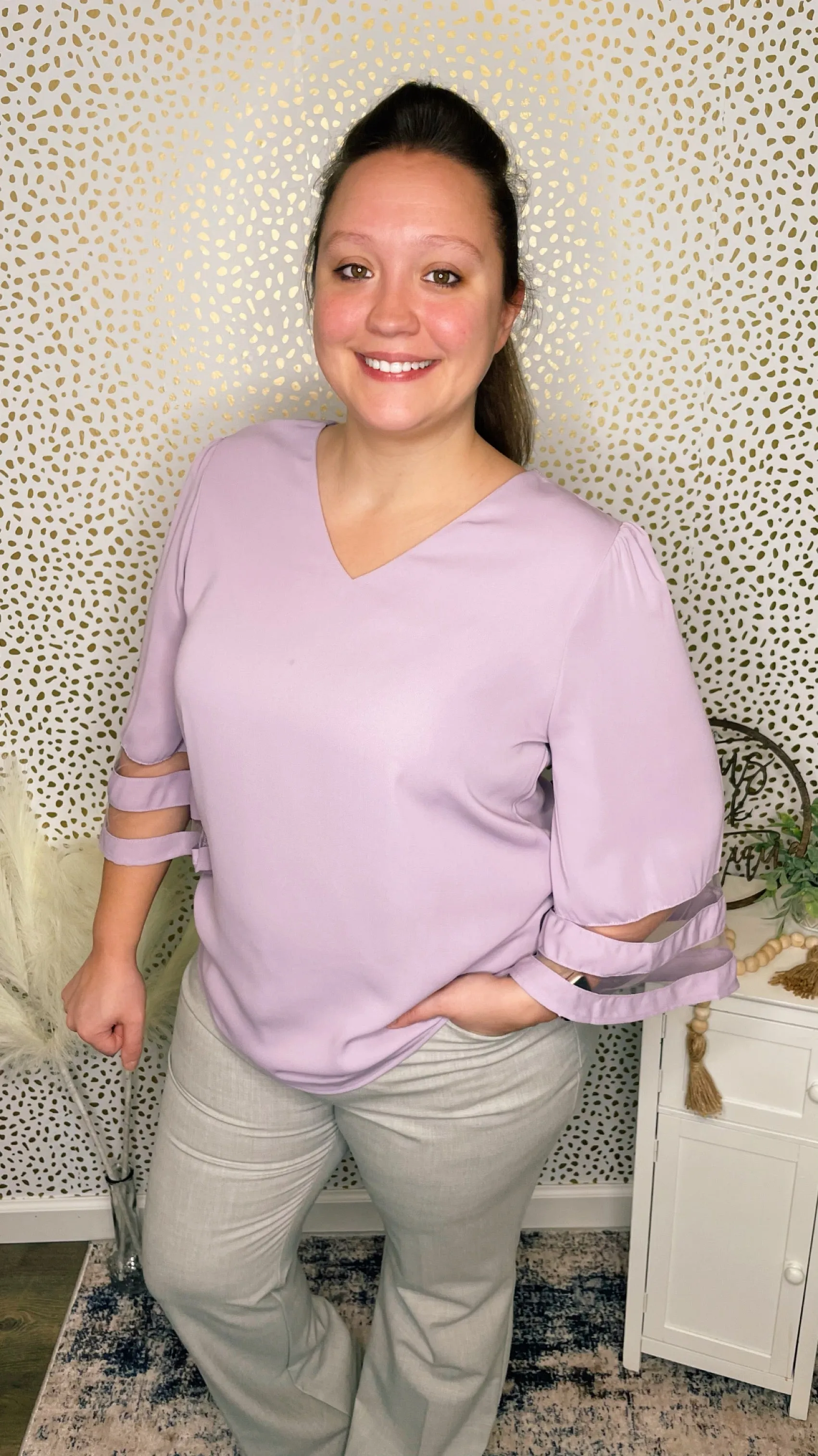 Lavender Mesh Panel 3/4 Sleeve Blouse