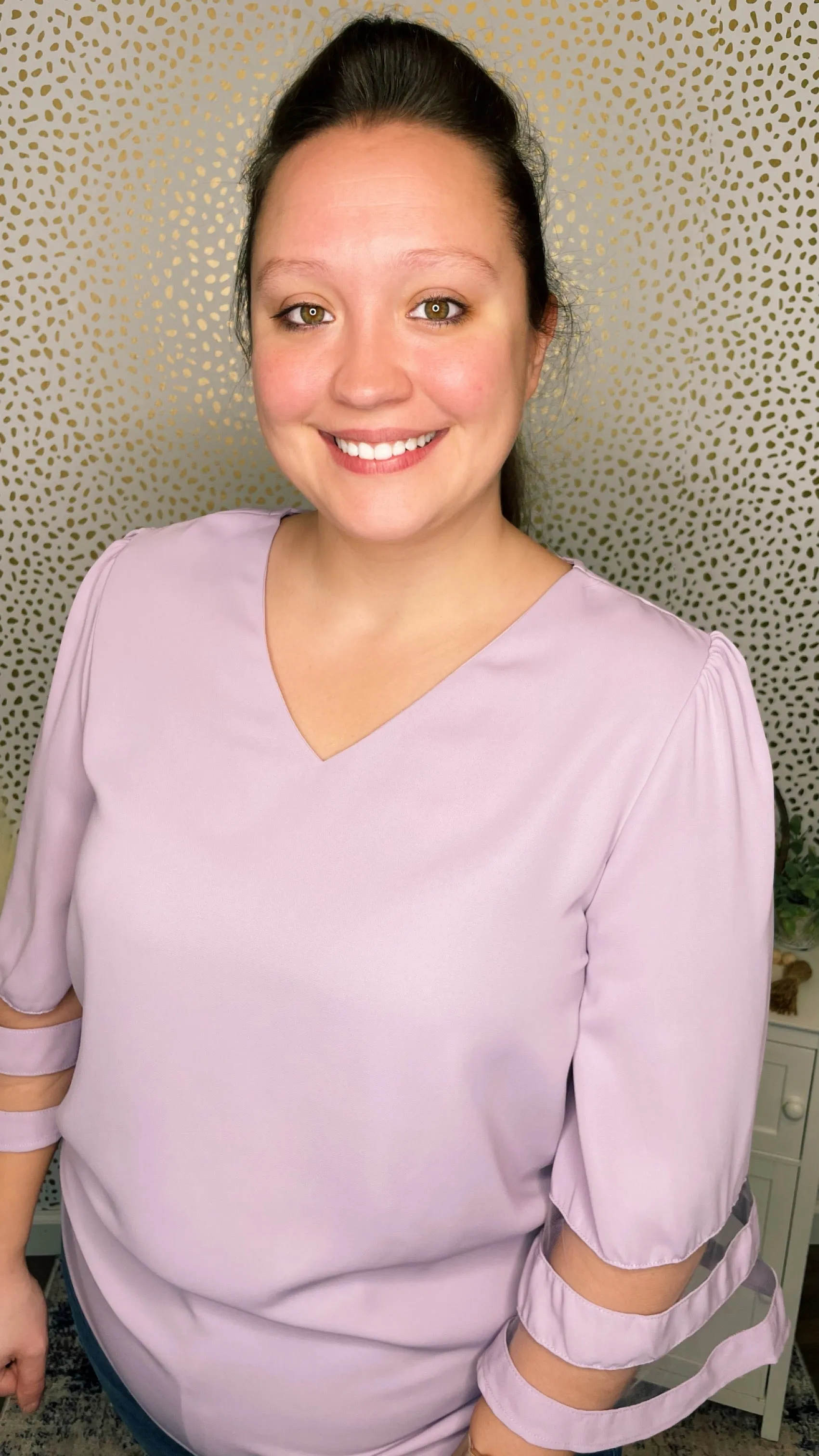 Lavender Mesh Panel 3/4 Sleeve Blouse