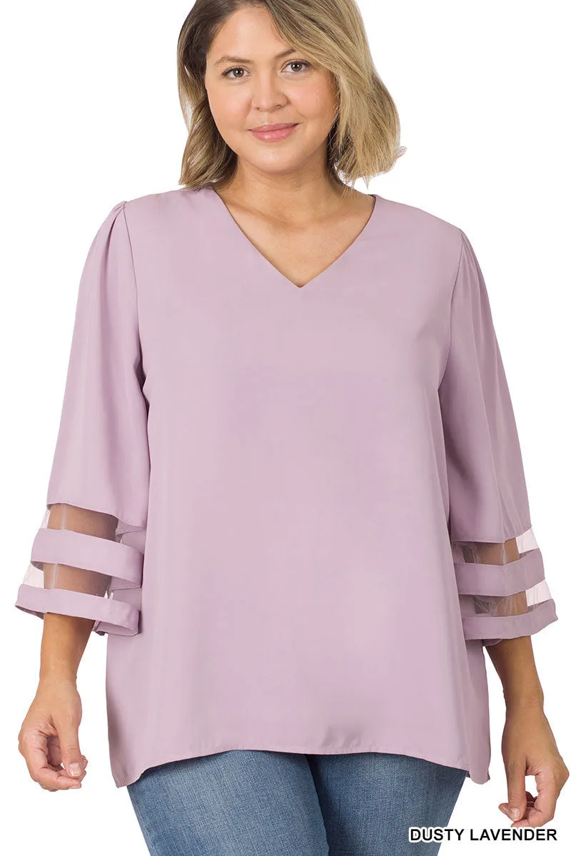Lavender Mesh Panel 3/4 Sleeve Blouse