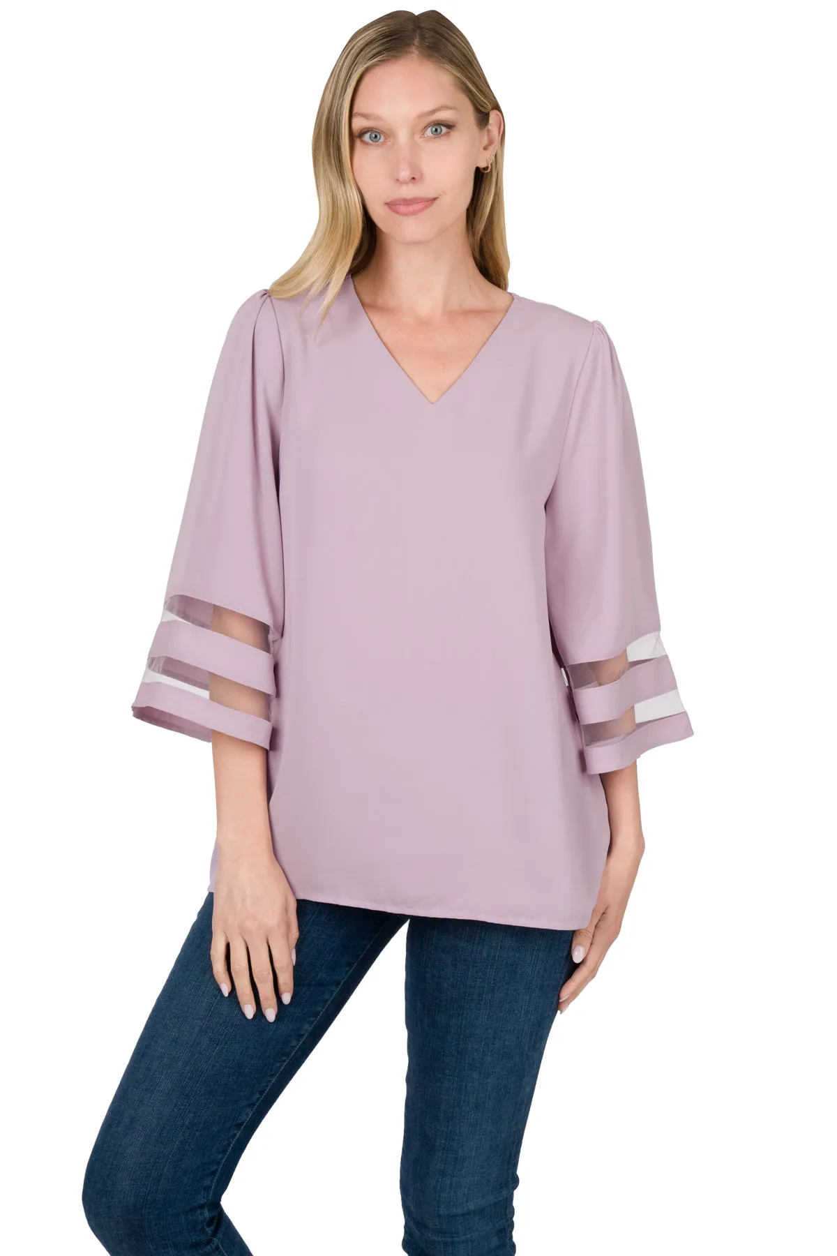 Lavender Mesh Panel 3/4 Sleeve Blouse