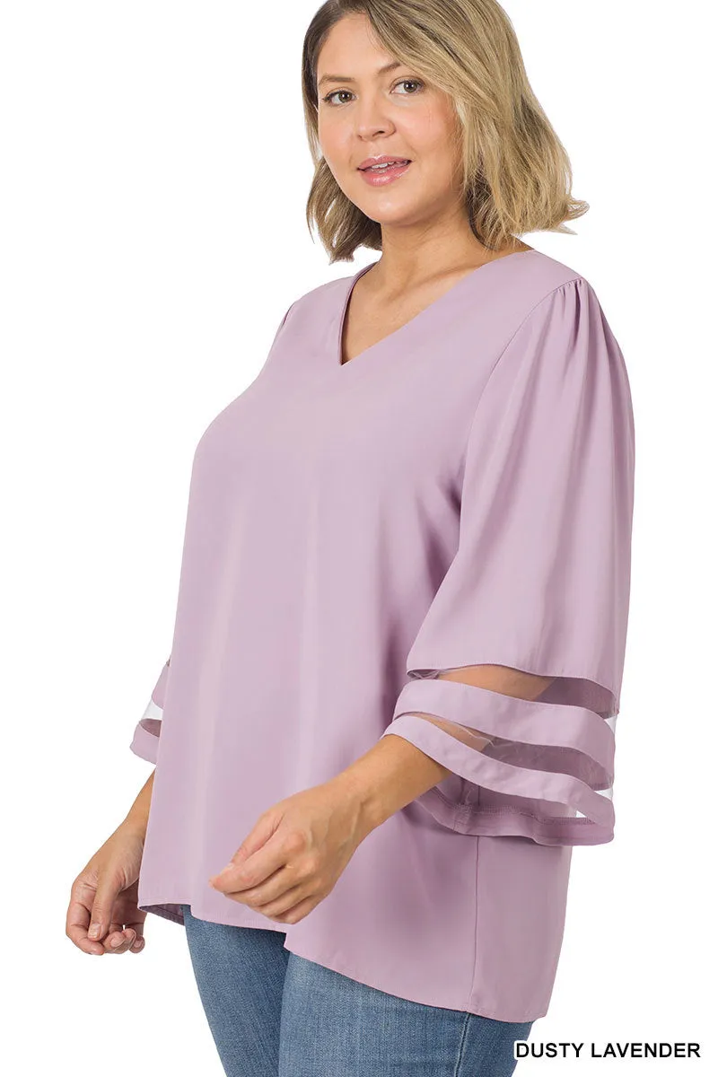 Lavender Mesh Panel 3/4 Sleeve Blouse