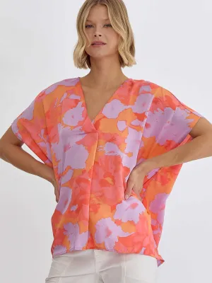 Lavender, Orange, and Coral Pattern Blouse