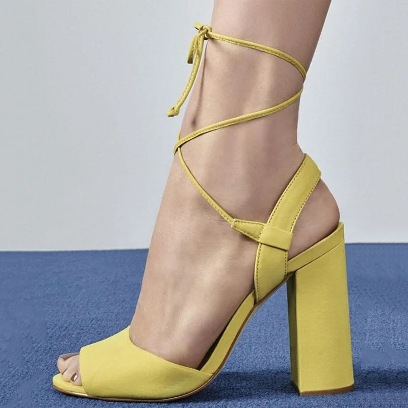 Leather Strap Chunky Heel Peep Toe Sandals