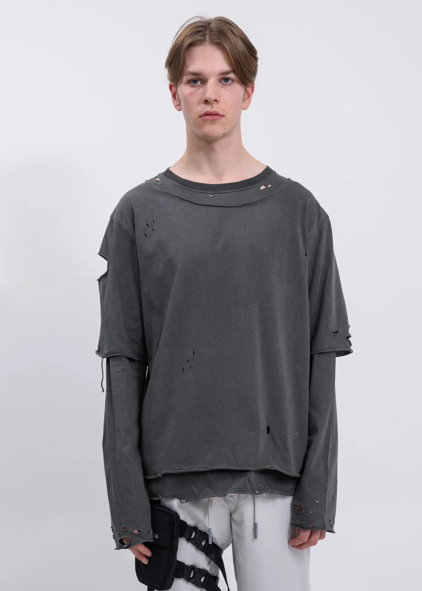 Light Grey Distressed Double Layer Long Sleeves T-Shirt