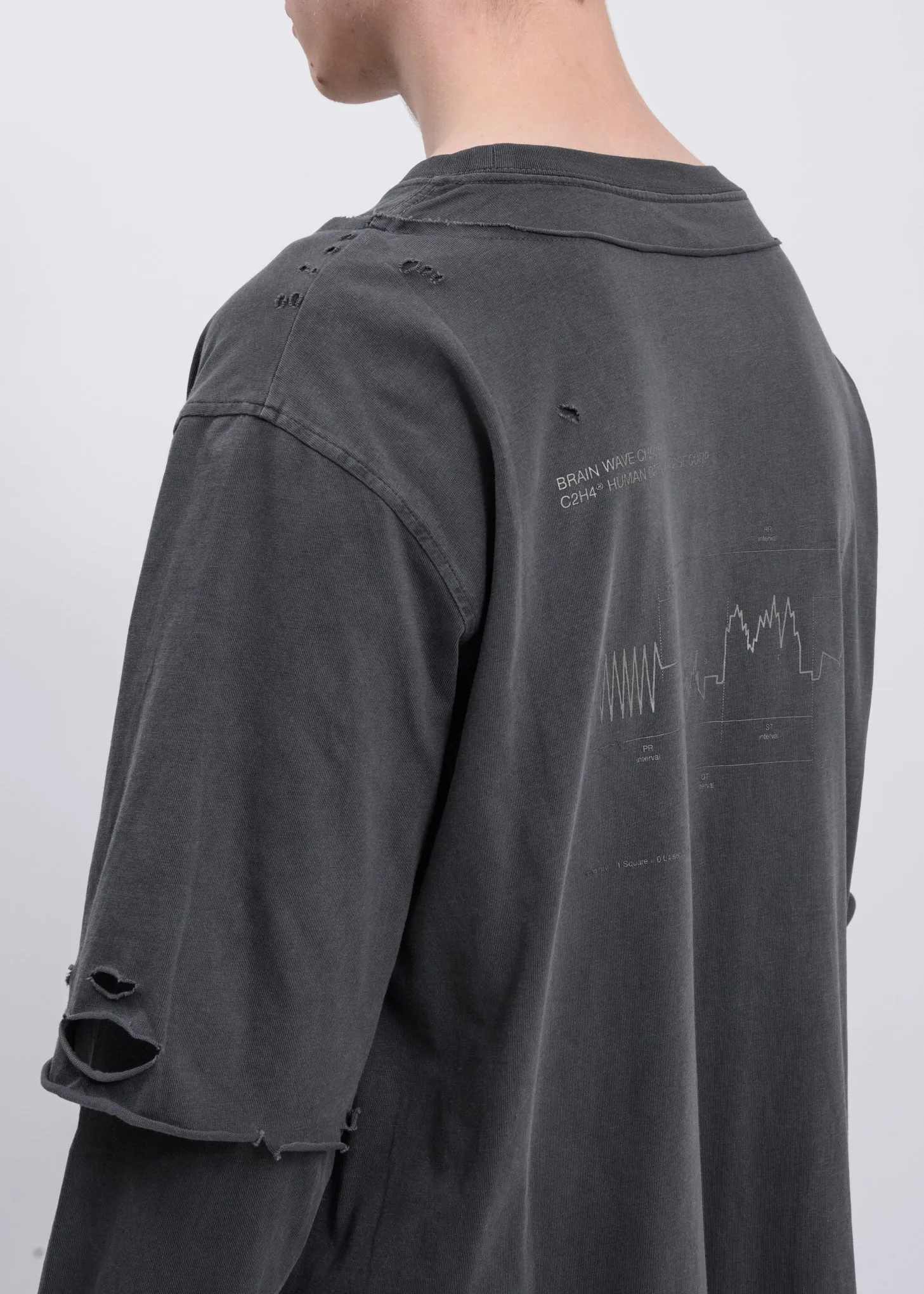 Light Grey Distressed Double Layer Long Sleeves T-Shirt