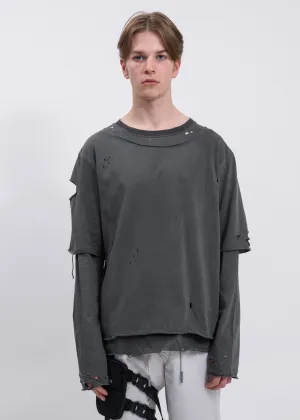 Light Grey Distressed Double Layer Long Sleeves T-Shirt