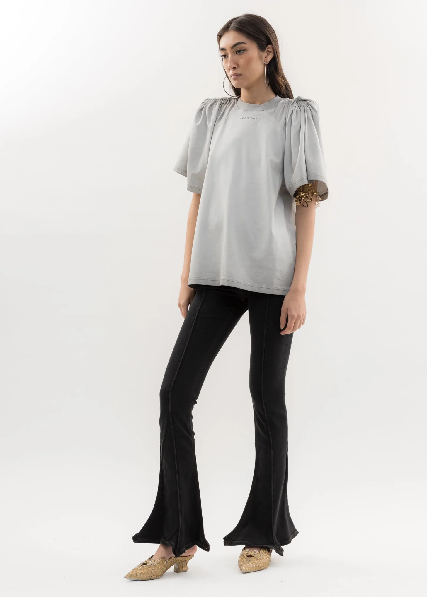 Light Grey RUCHED SHOULDER T-Shirt