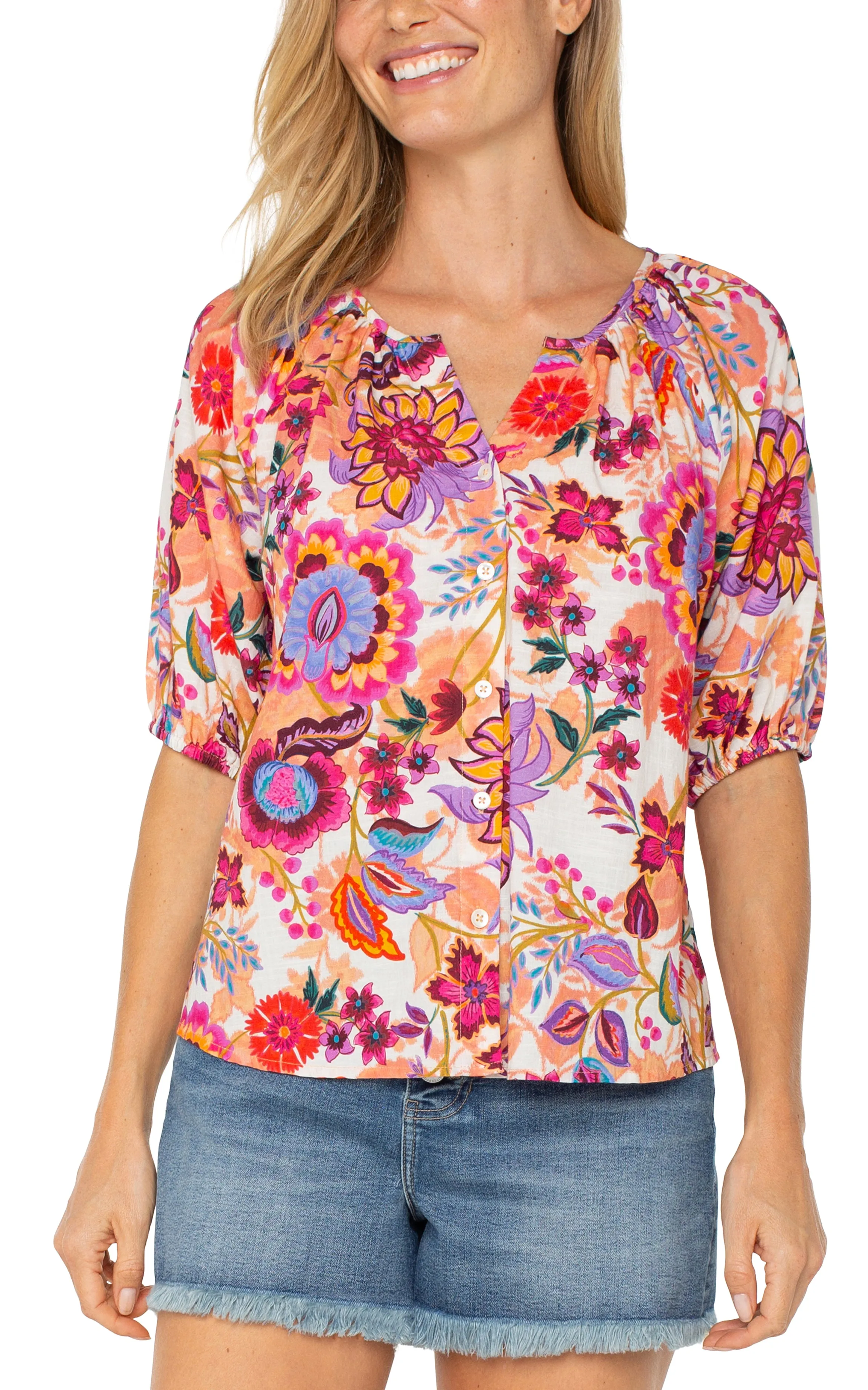 Liverpool Los Angeles Shirred Floral Short Sleeve Button-Up Shirt