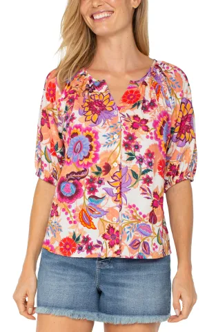 Liverpool Los Angeles Shirred Floral Short Sleeve Button-Up Shirt