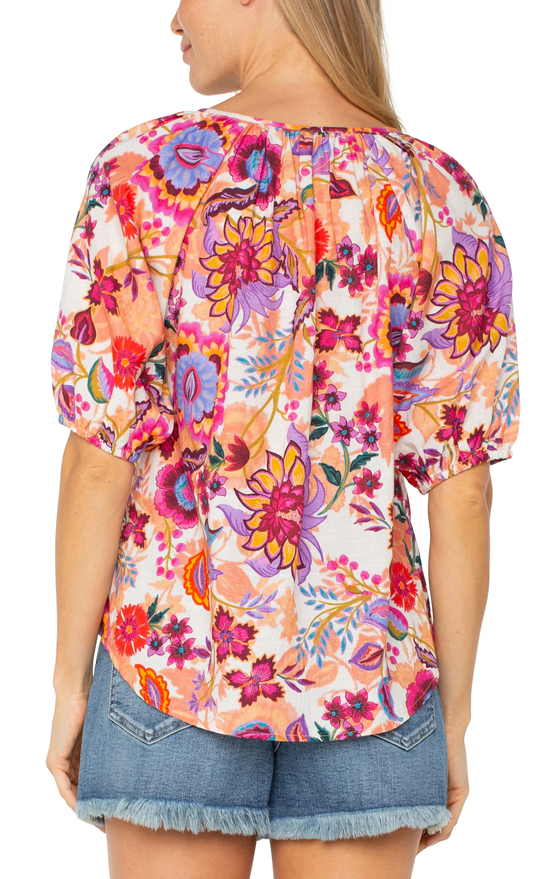 Liverpool Los Angeles Shirred Floral Short Sleeve Button-Up Shirt