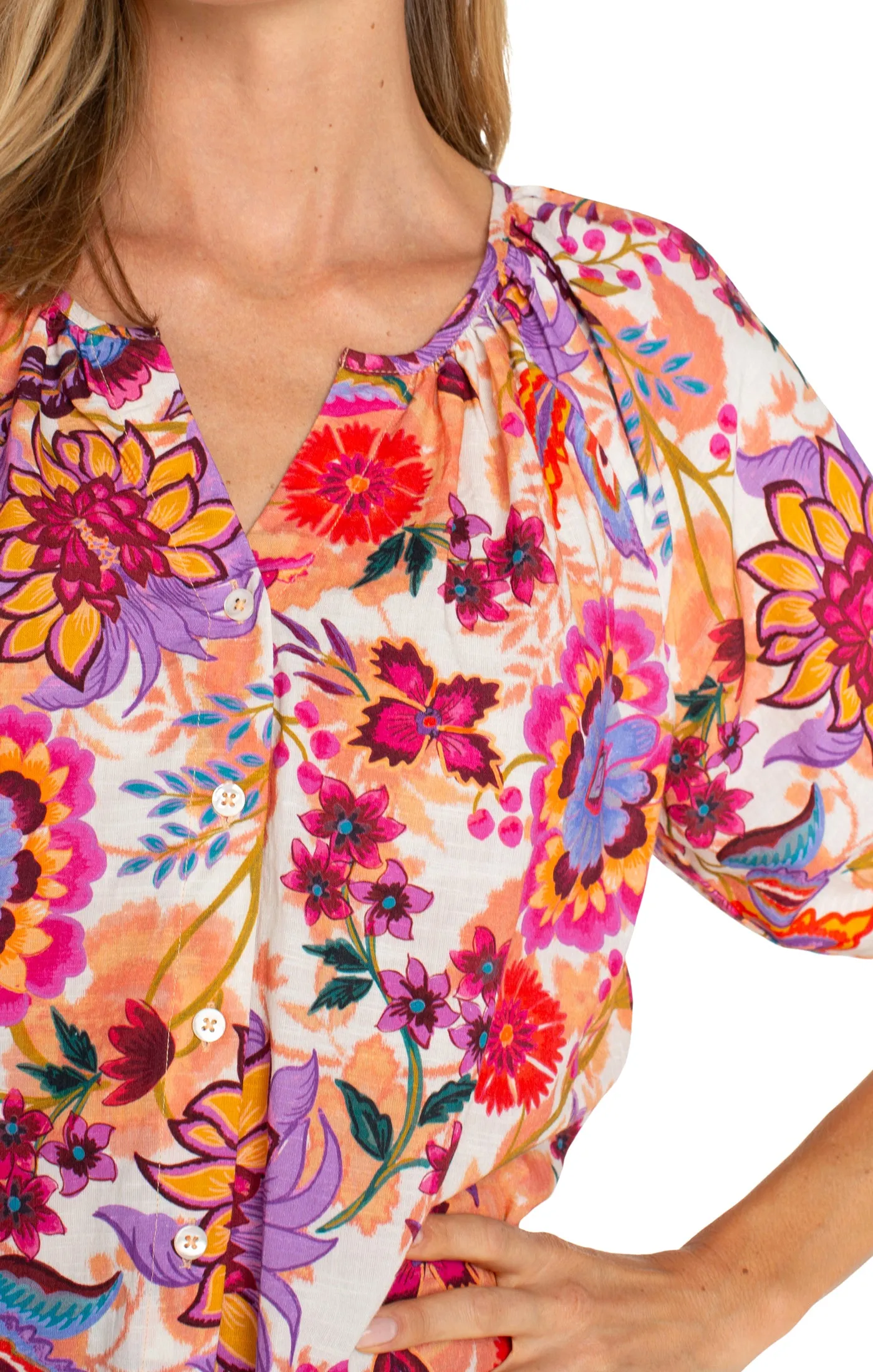 Liverpool Los Angeles Shirred Floral Short Sleeve Button-Up Shirt