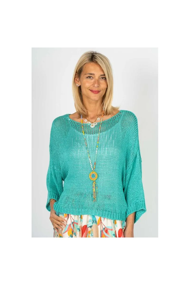 Look Mode Open Knit Sweater  Seafoam & Red Cherry