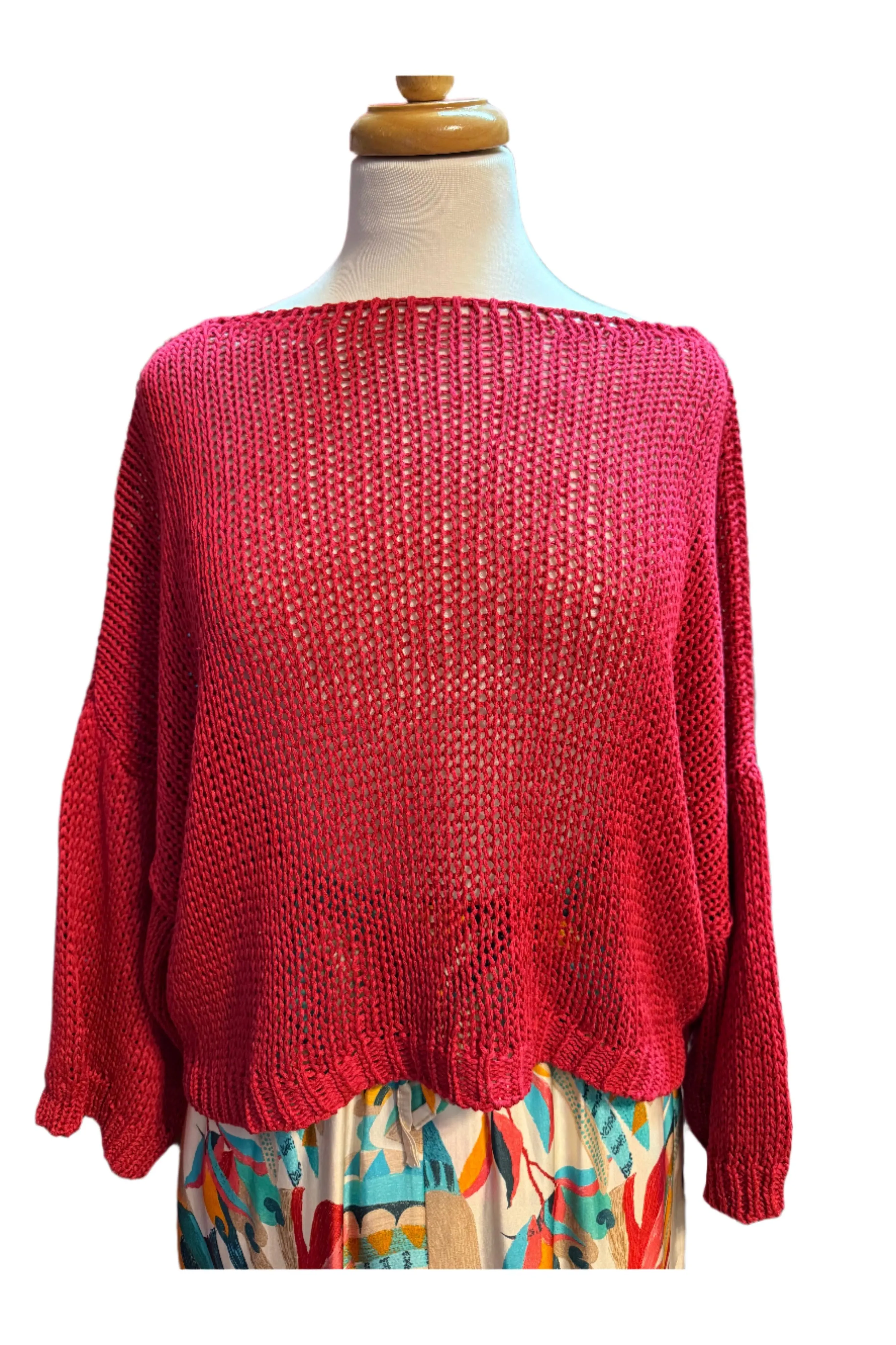 Look Mode Open Knit Sweater  Seafoam & Red Cherry