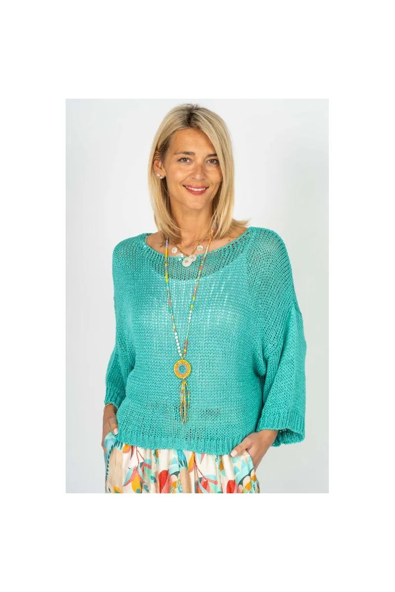 Look Mode Open Knit Sweater  Seafoam & Red Cherry