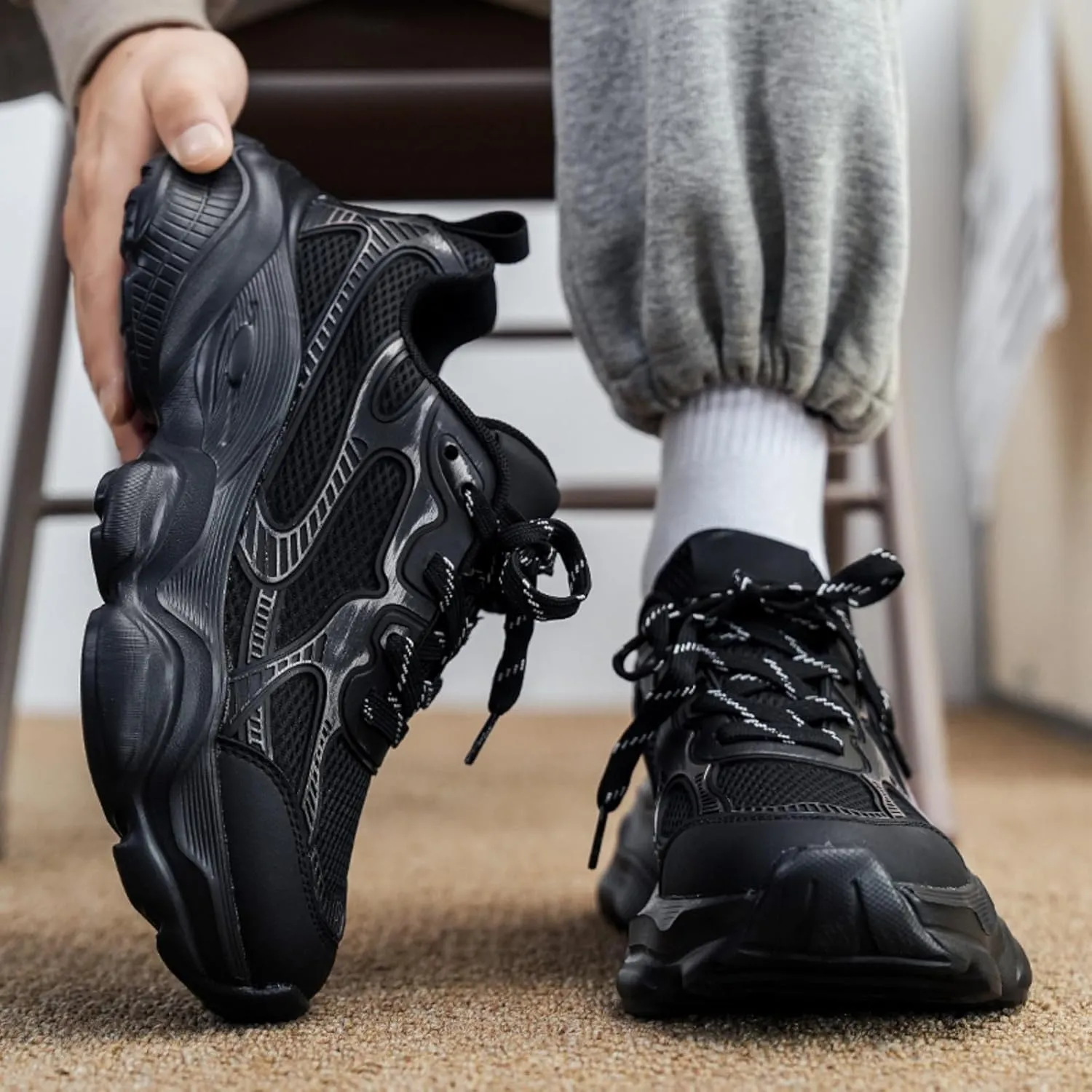 Mens Breathable Mesh Lace-Up Chunky Sneakers Casual Soft Non-Slip Outdoor Sports Shoes for Walking Tennis Jogging