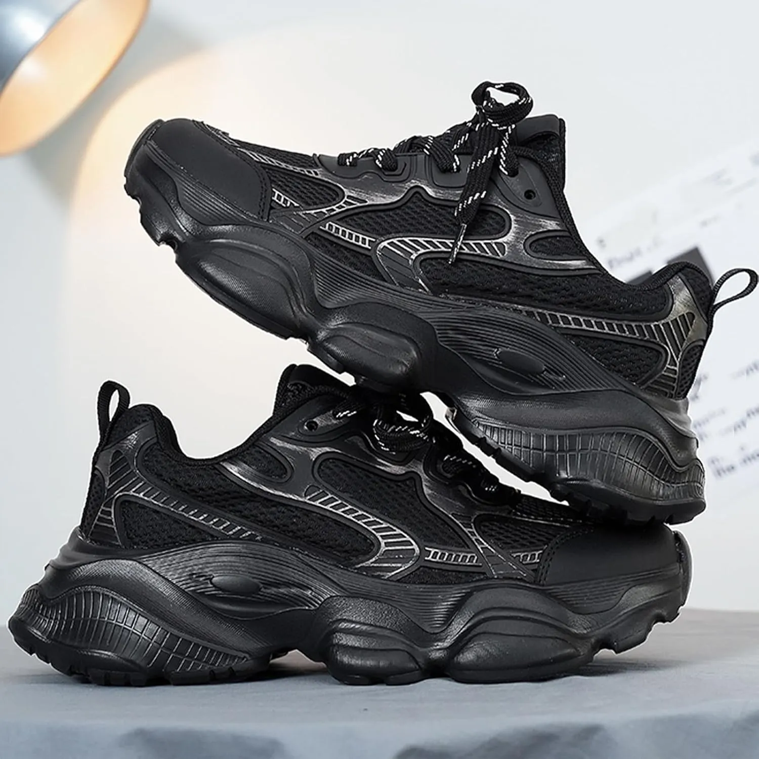 Mens Breathable Mesh Lace-Up Chunky Sneakers Casual Soft Non-Slip Outdoor Sports Shoes for Walking Tennis Jogging