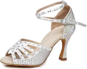 Minishion Women's Ankle Strap Beading Ballroom Dance Shoes Evening Sandals L430
