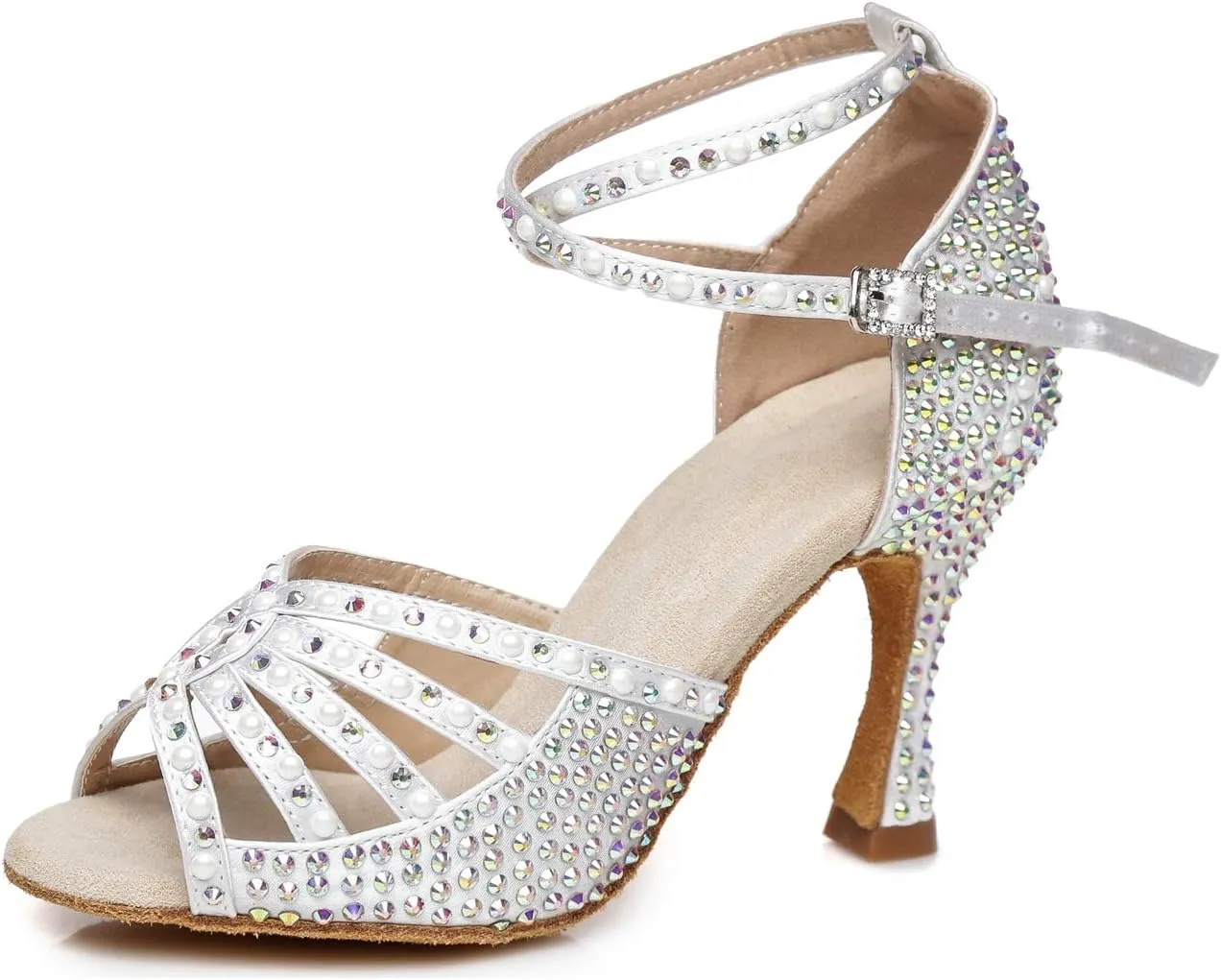 Minishion Women's Ankle Strap Beading Ballroom Dance Shoes Evening Sandals L430