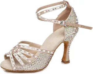 Minishion Women's Ankle Strap Beading Ballroom Dance Shoes Evening Sandals L430