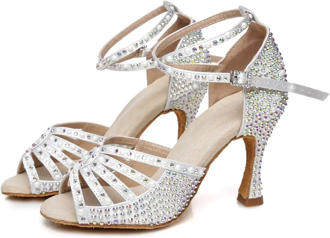 Minishion Women's Ankle Strap Beading Ballroom Dance Shoes Evening Sandals L430