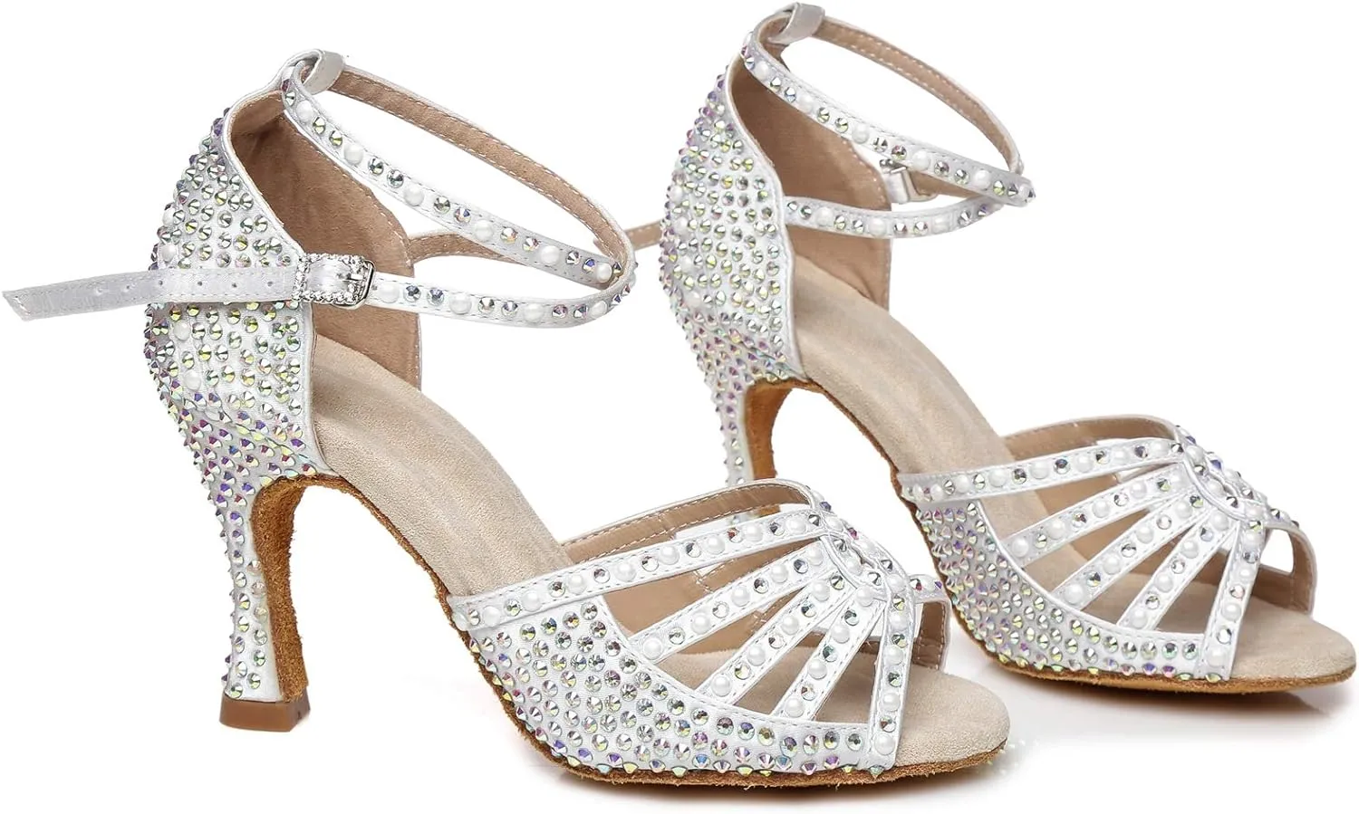 Minishion Women's Ankle Strap Beading Ballroom Dance Shoes Evening Sandals L430