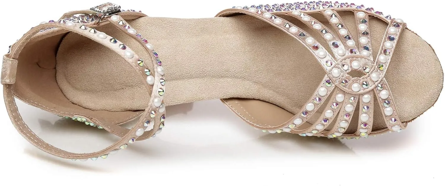 Minishion Women's Ankle Strap Beading Ballroom Dance Shoes Evening Sandals L430