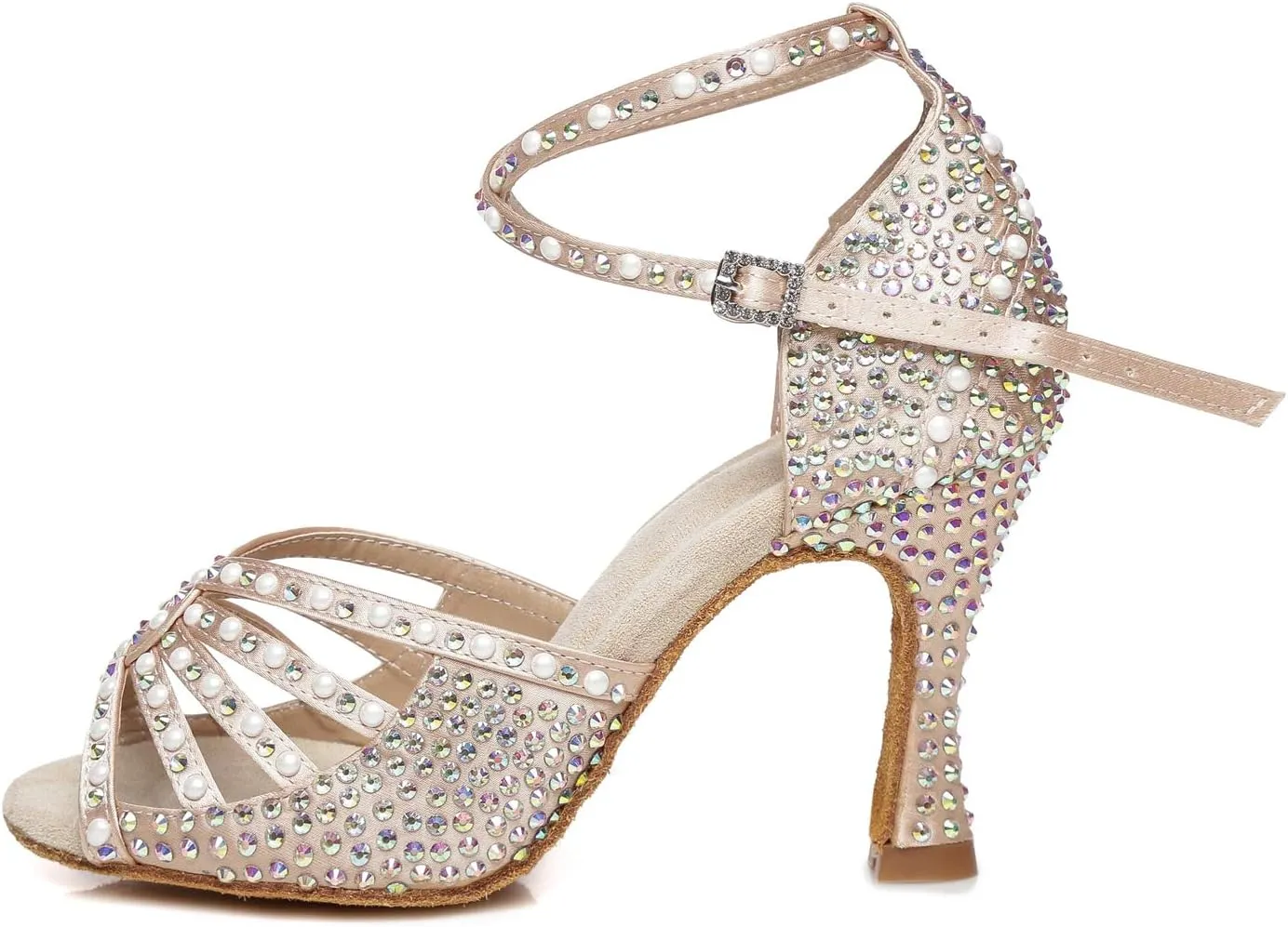 Minishion Women's Ankle Strap Beading Ballroom Dance Shoes Evening Sandals L430