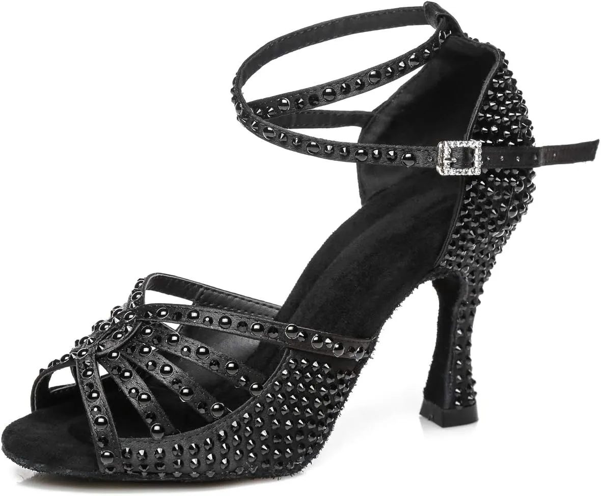 Minishion Women's Ankle Strap Beading Ballroom Dance Shoes Evening Sandals L430