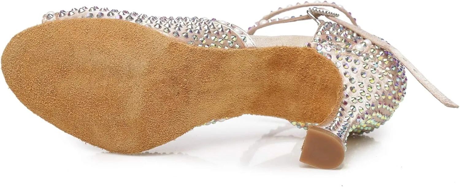 Minishion Women's Ankle Strap Beading Ballroom Dance Shoes Evening Sandals L430