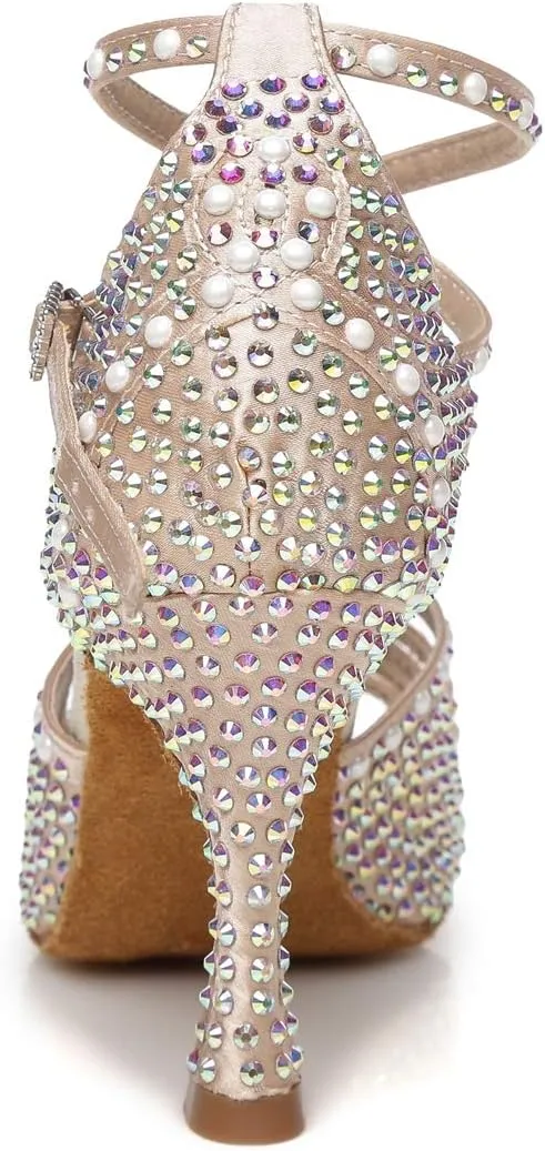 Minishion Women's Ankle Strap Beading Ballroom Dance Shoes Evening Sandals L430