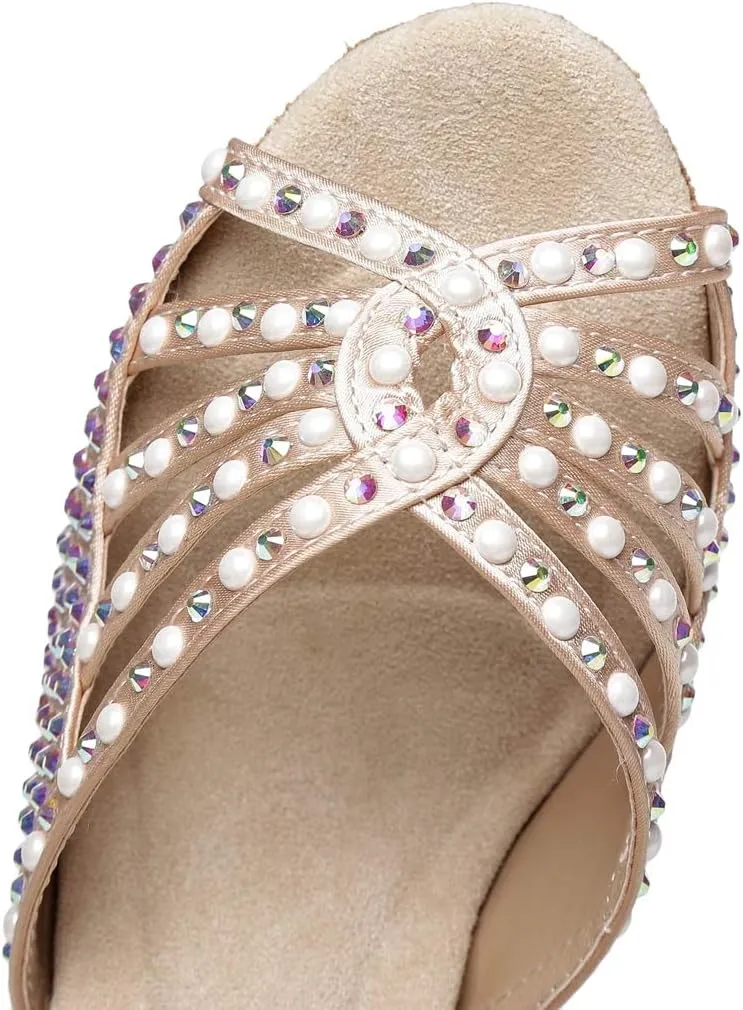 Minishion Women's Ankle Strap Beading Ballroom Dance Shoes Evening Sandals L430