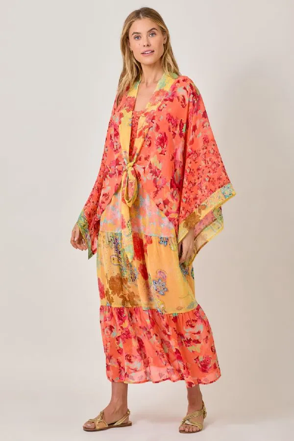 Mystree Tomato Mix Print Kimono with Gold Lurex Accents